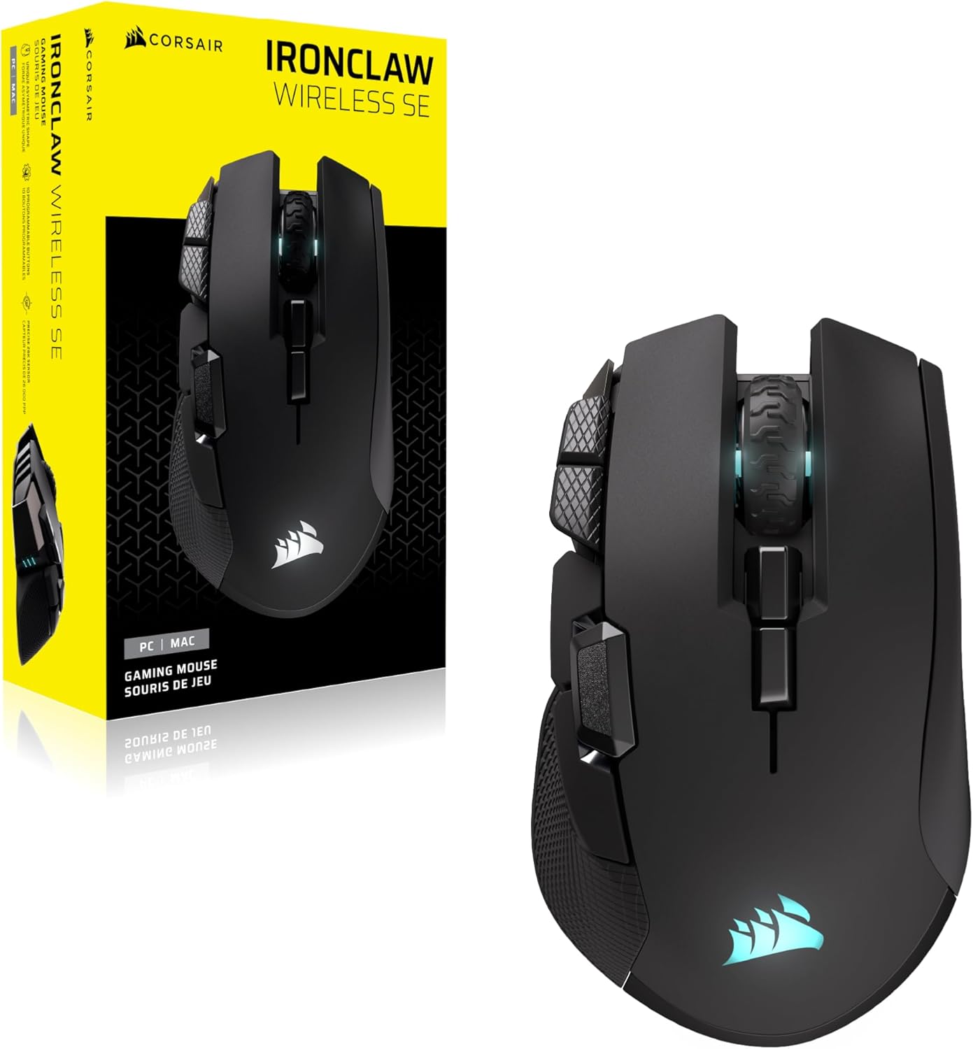 CORSAIR IRONCLAW Wireless SE Gaming Mouse – 26,000 DPI, Ergonomic Design for Larger Hands, 10 Programmable Buttons, for MOBA, FPS, MMO – Black