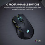 CORSAIR IRONCLAW Wireless SE Gaming Mouse – 26,000 DPI, Ergonomic Design for Larger Hands, 10 Programmable Buttons, for MOBA, FPS, MMO – Black
